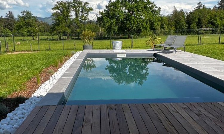 Réalisation d'une piscine sur mesure 7 x 3.5 m avec son mur filtrant avec aménagement des extérieurs en carrelage grès cérame et boix exotique