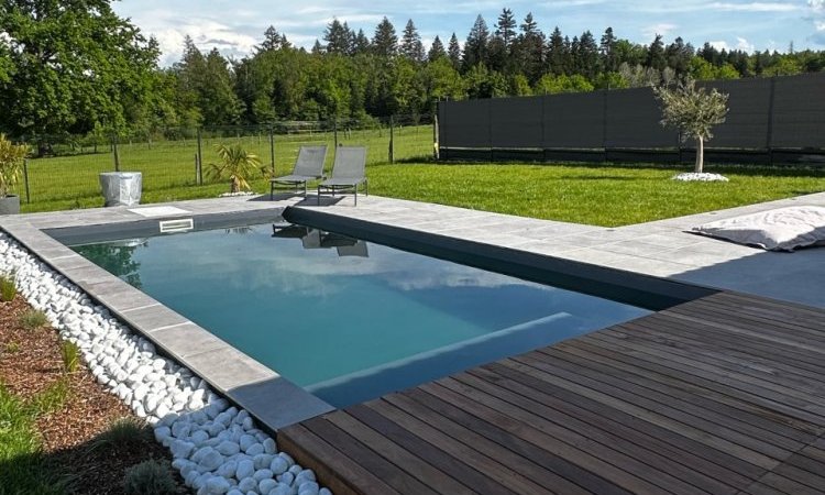 Réalisation d'une piscine sur mesure 7 x 3.5 m avec son mur filtrant avec aménagement des extérieurs en carrelage grès cérame et boix exotique